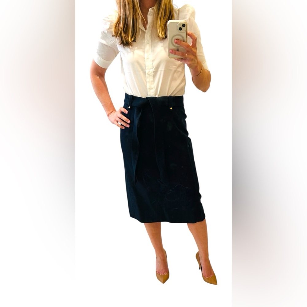 J Crew Navy Belted Wool Pencil Skirt